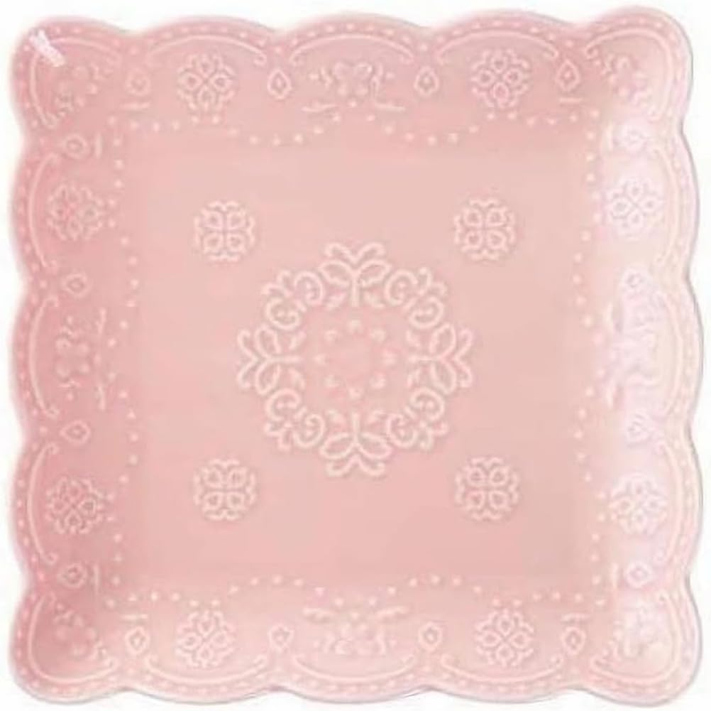 Square pink ceramic plate with ornate embossed floral and lace patterns, perfect for serving sweet treats or showcasing your favorite creamsicle recipes in style.