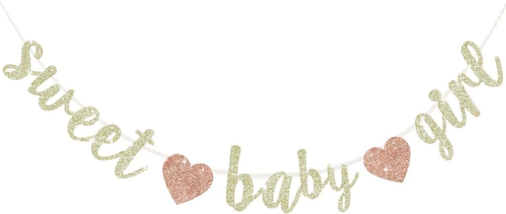 A glittery banner reads "sweet baby girl" with pink glitter hearts separating the words, all hanging on a white string.