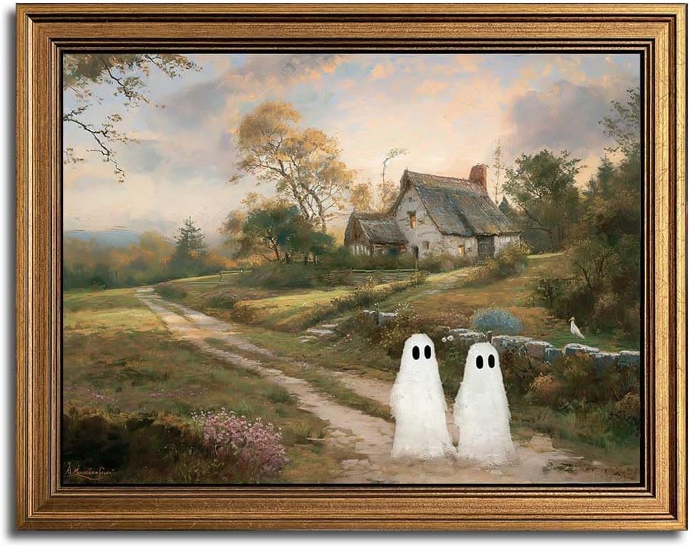 A framed painting of a rural landscape with a cottage, trees, and two cartoon ghost figures with black eyes added to the scene.