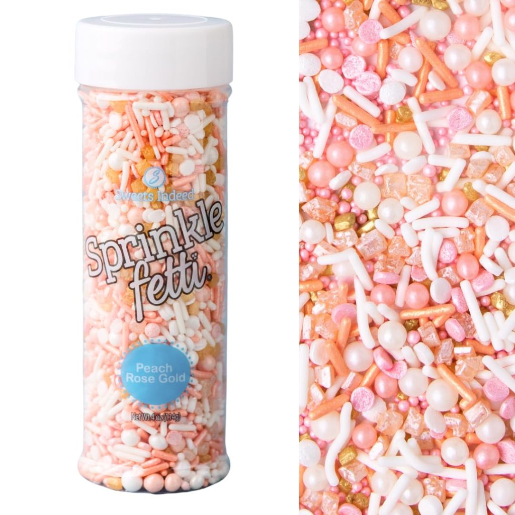 A clear plastic container labeled "Sprinklefetti Peach Rose Gold" filled with pink, white, peach, and gold decorative sprinkles, shown close up on the right.