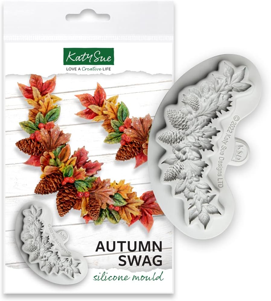 Silicone mold for crafting autumn-themed swags with leaves and pinecones, perfect for decorating a ceramic planter—sample colored design shown on the packaging.