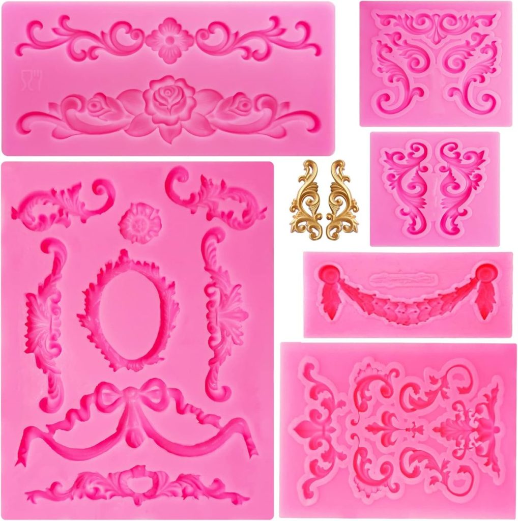 Assorted pink silicone molds with ornate floral and decorative patterns, including roses, bows, frames, and scrolls—perfect for crafting ceramic planter accents. Two gold mold examples are also shown on a white background.