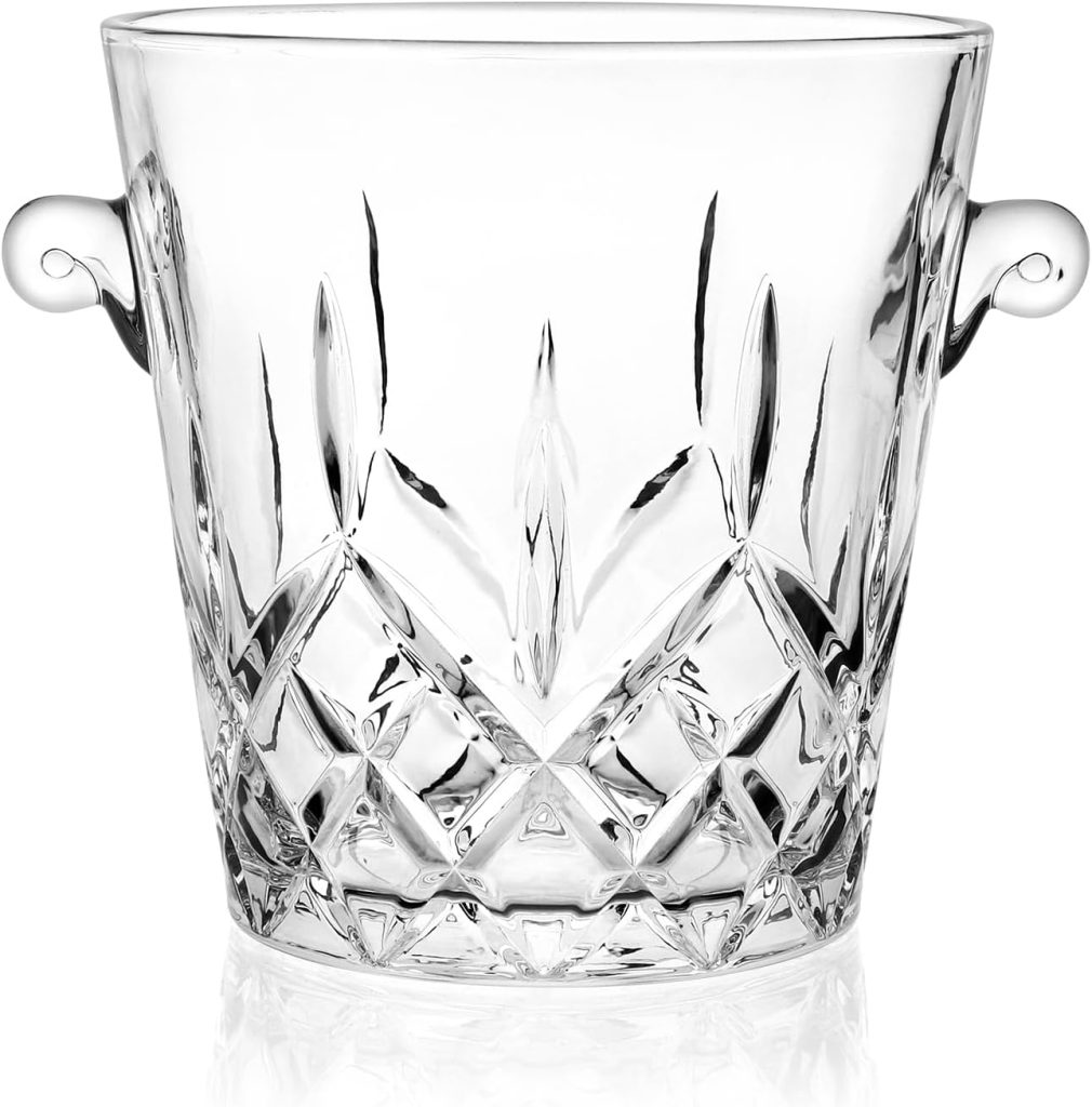 Clear glass ice bucket with decorative cut patterns and two round side handles, photographed against a white background.