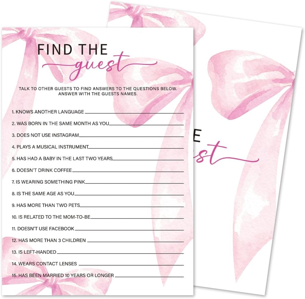 Two game cards titled "Find the guest" with a pink bow design, featuring a list of statements for guests to match with names at a social event.