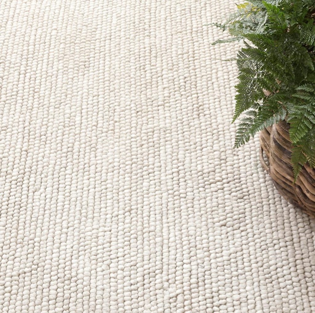 A close-up of a textured light beige woven rug with a wicker basket containing green ferns in the top right corner.