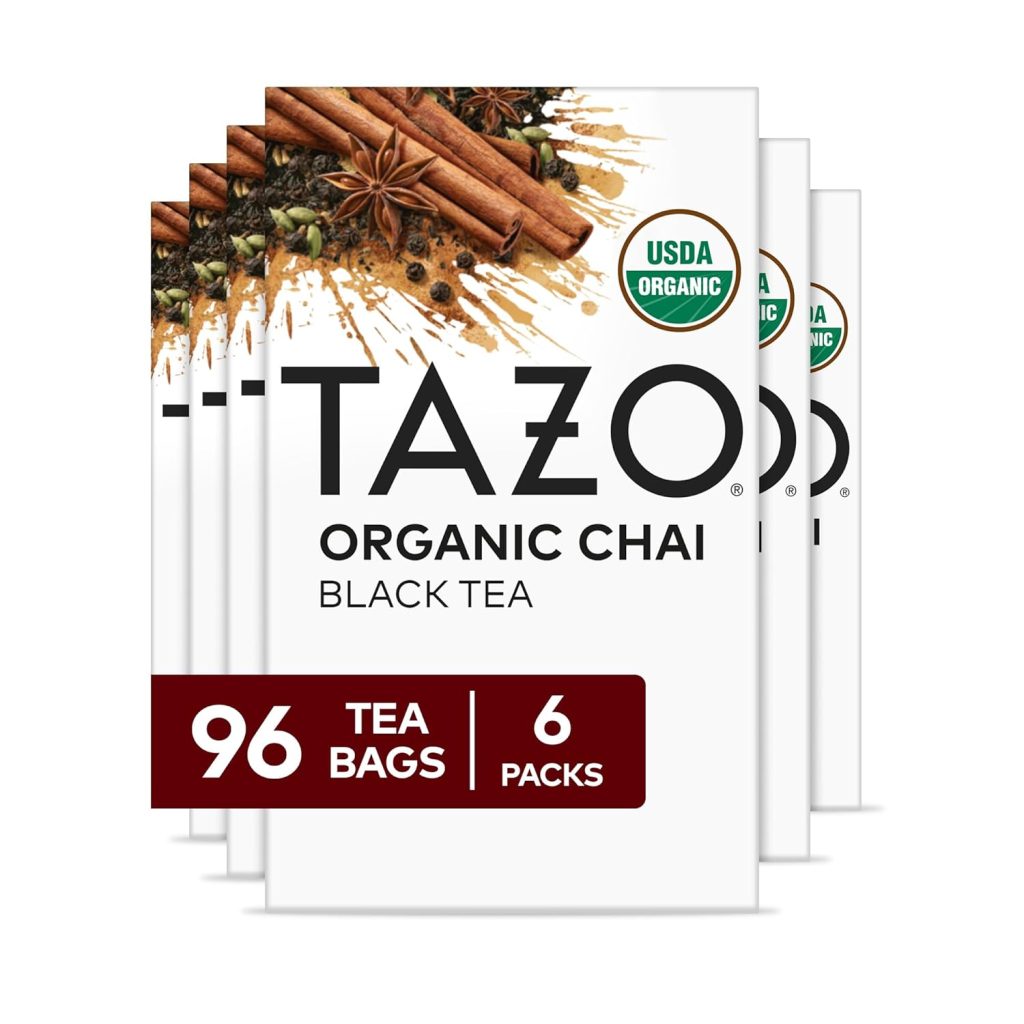 Four boxes of Tazo Organic Chai Black Tea, each with the USDA Organic label and a statement showing 96 tea bags in 6 packs—perfect for pairing with your favorite creamsicle recipes.