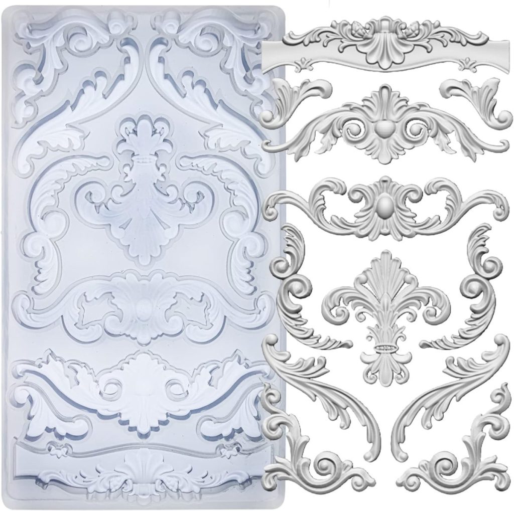 A silicone mold with intricate baroque and rococo-style decorative patterns, perfect for creating molded ornamental designs to embellish a ceramic planter.