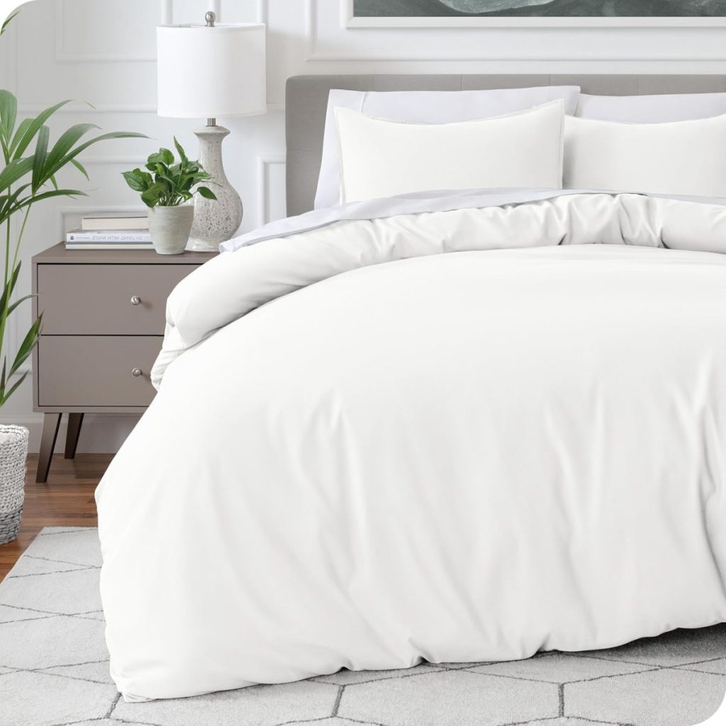 A neatly made bed with a white comforter and pillows in a modern bedroom, featuring a nightstand, lamp, plant, and neutral decor.