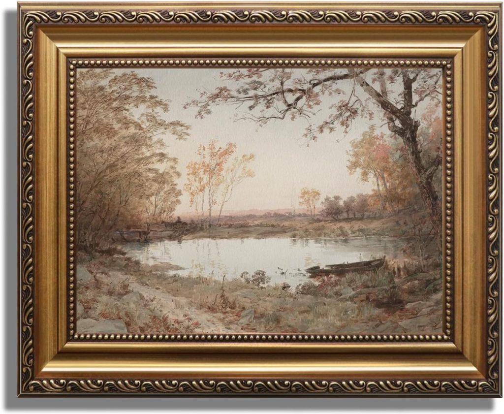 Framed painting of a calm river scene with trees along the banks, a wooden boat in the foreground, and a soft pastel sky in the background.