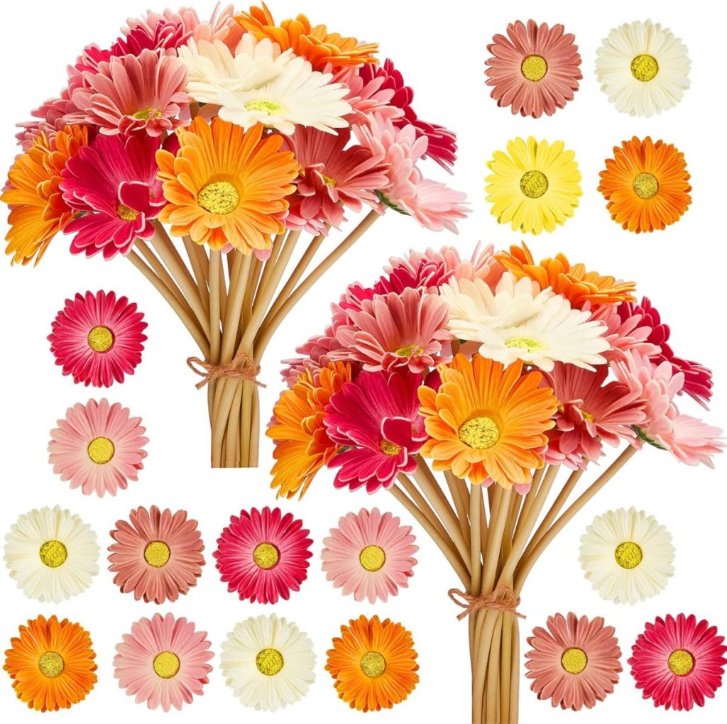 Two bouquets of multicolored artificial gerbera daisies with individual daisy flowers in various colors arranged around them on a white background.