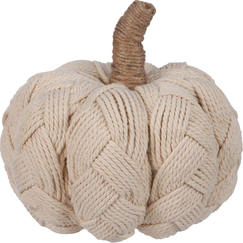 A decorative pumpkin made of thick, braided beige rope with a twine-wrapped stem, set against a white background.
