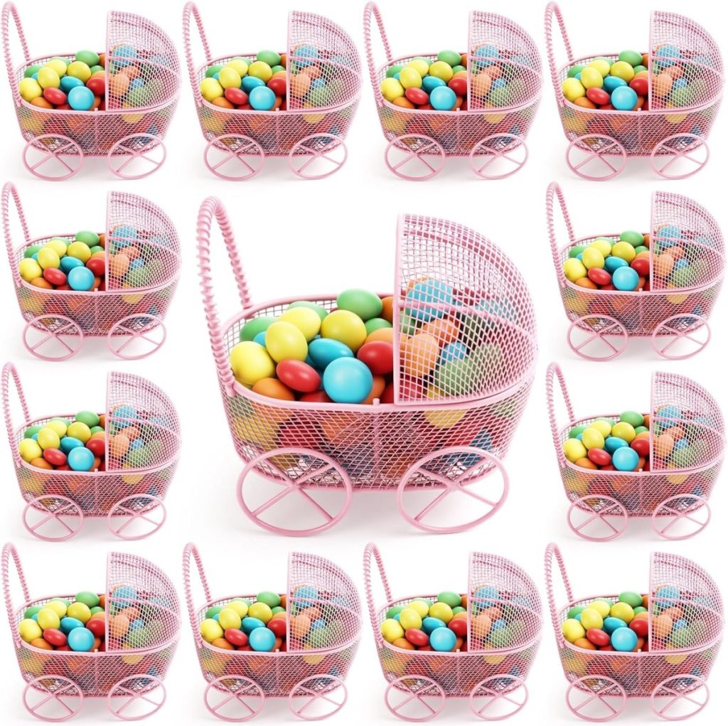 Twelve pink wire toy baby carriages, each filled with colorful plastic eggs, arranged in a grid pattern on a white background.