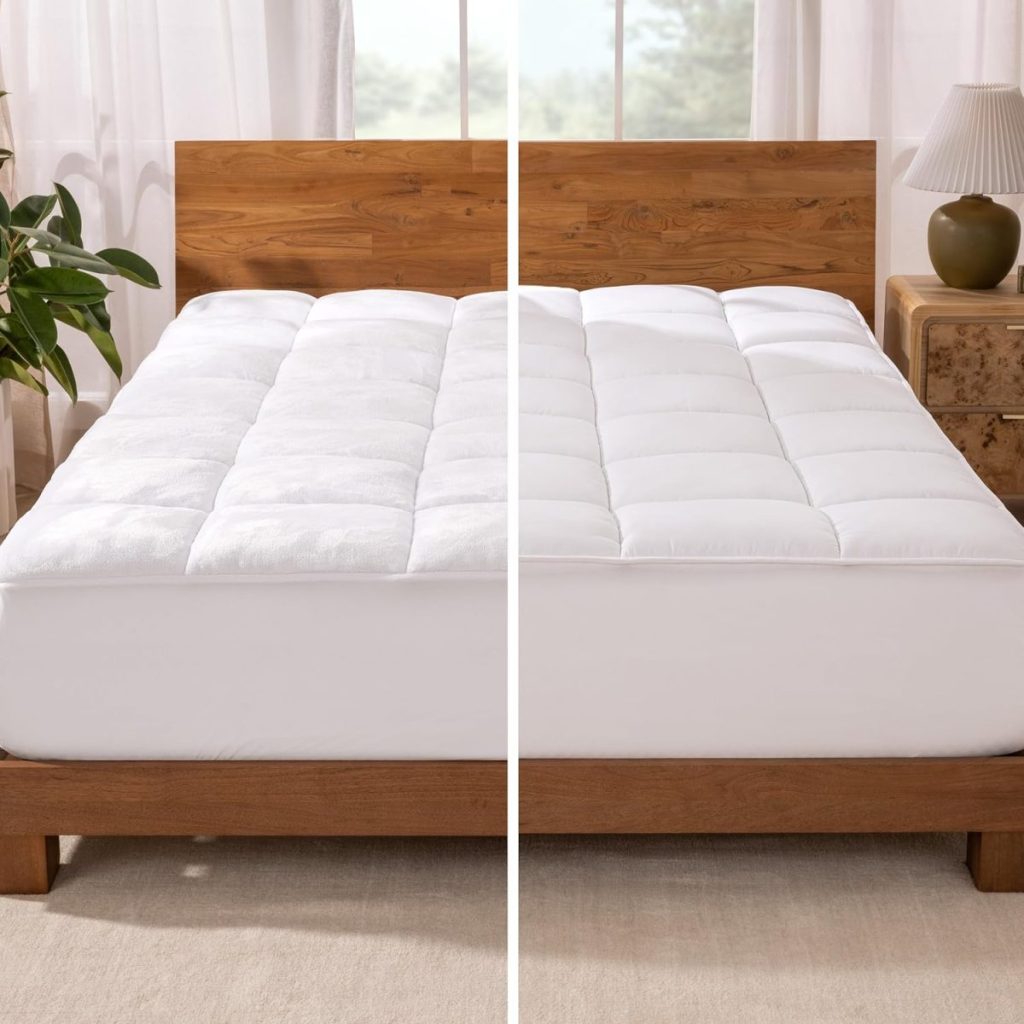 A neatly made bed with a wooden headboard, white padded mattress topper, and two-tone lighting splitting the image down the middle.