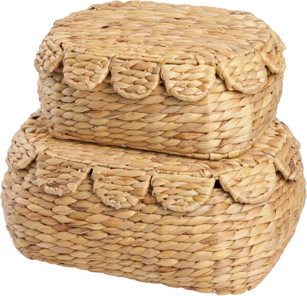 Two rectangular woven straw baskets, one stacked on top of the other, both with scalloped lid edges.