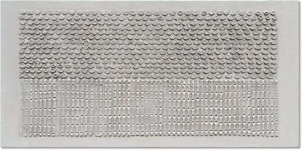 A textured artwork featuring two halves: the top with rows of raised circular shapes, the bottom with rows of short vertical rectangular forms, all in monochromatic white.