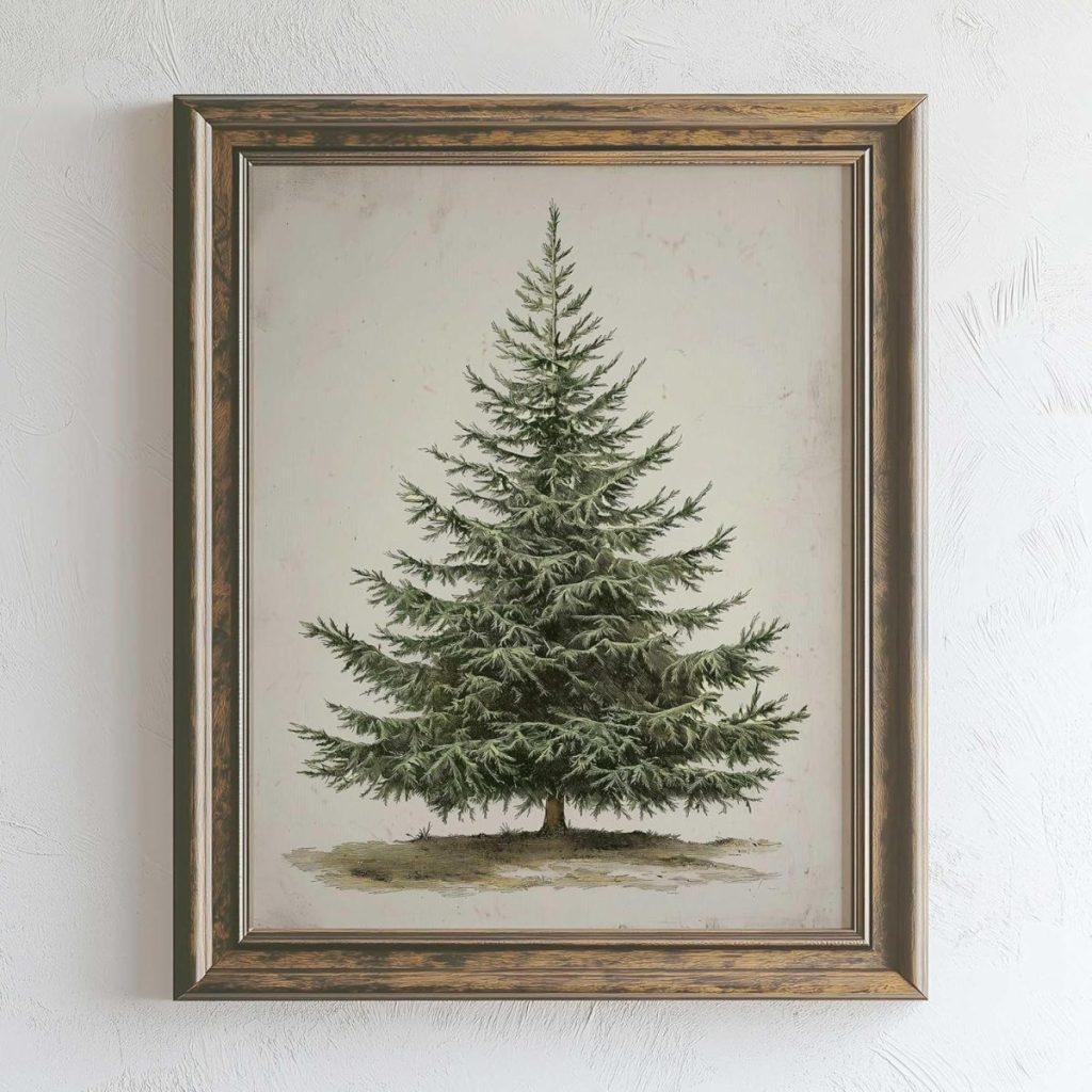 A framed painting of a green pine tree is centered on a white textured wall.