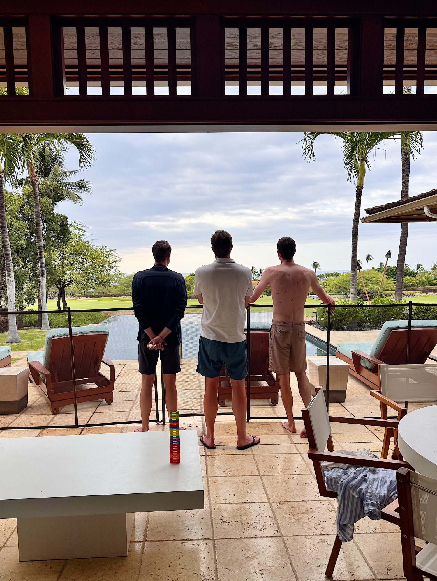 Three men stand on a patio facing a pool and a lush outdoor landscape with palm trees under a cloudy sky. Indoor furniture and towels are visible in the foreground.