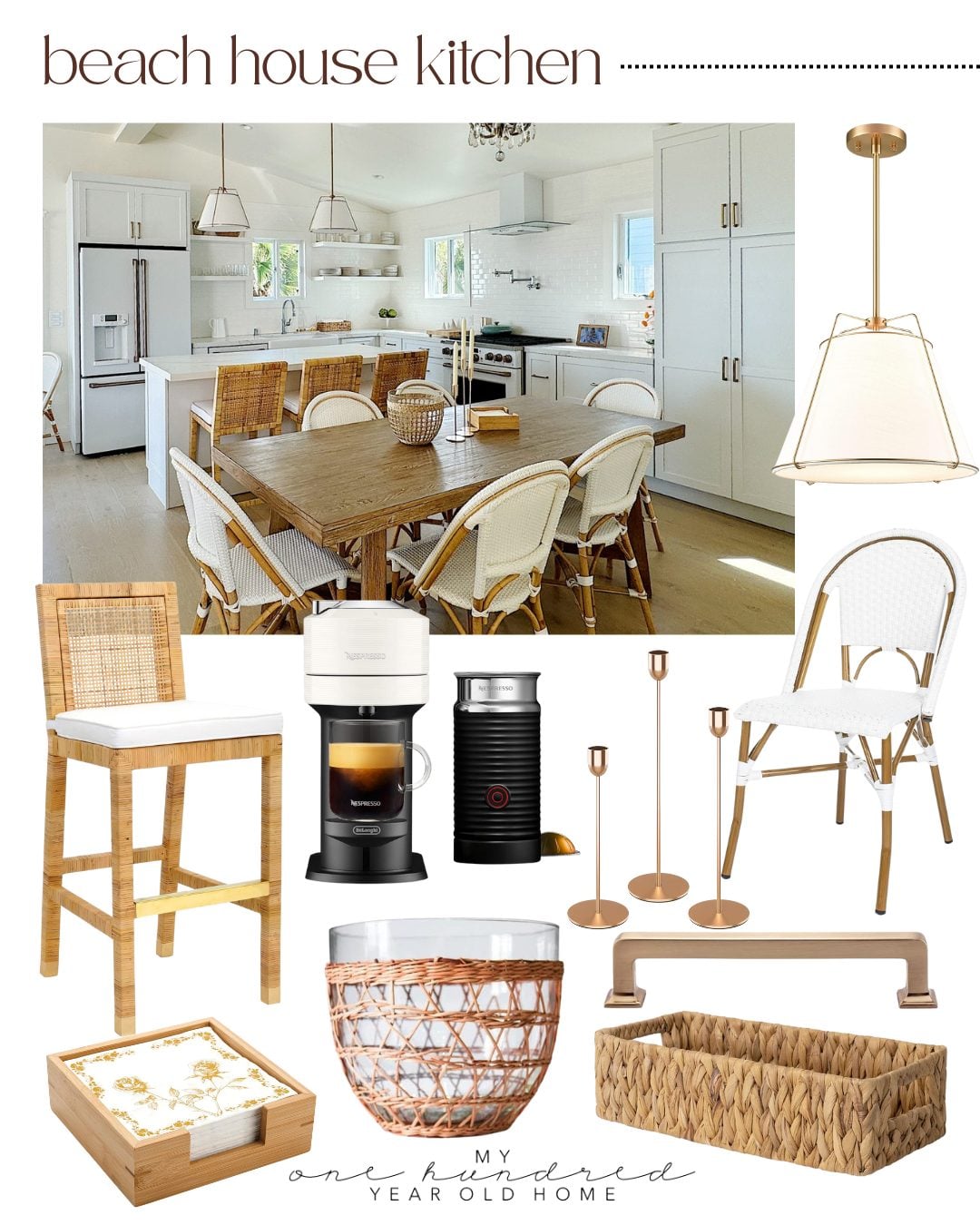 Collage featuring a modern beach house kitchen with white cabinetry, wood accents, woven bar stools, a pendant light, coffeemaker, metal candle holders, storage baskets, and decorative items inspired by fresh Lemon Blueberry Recipes.