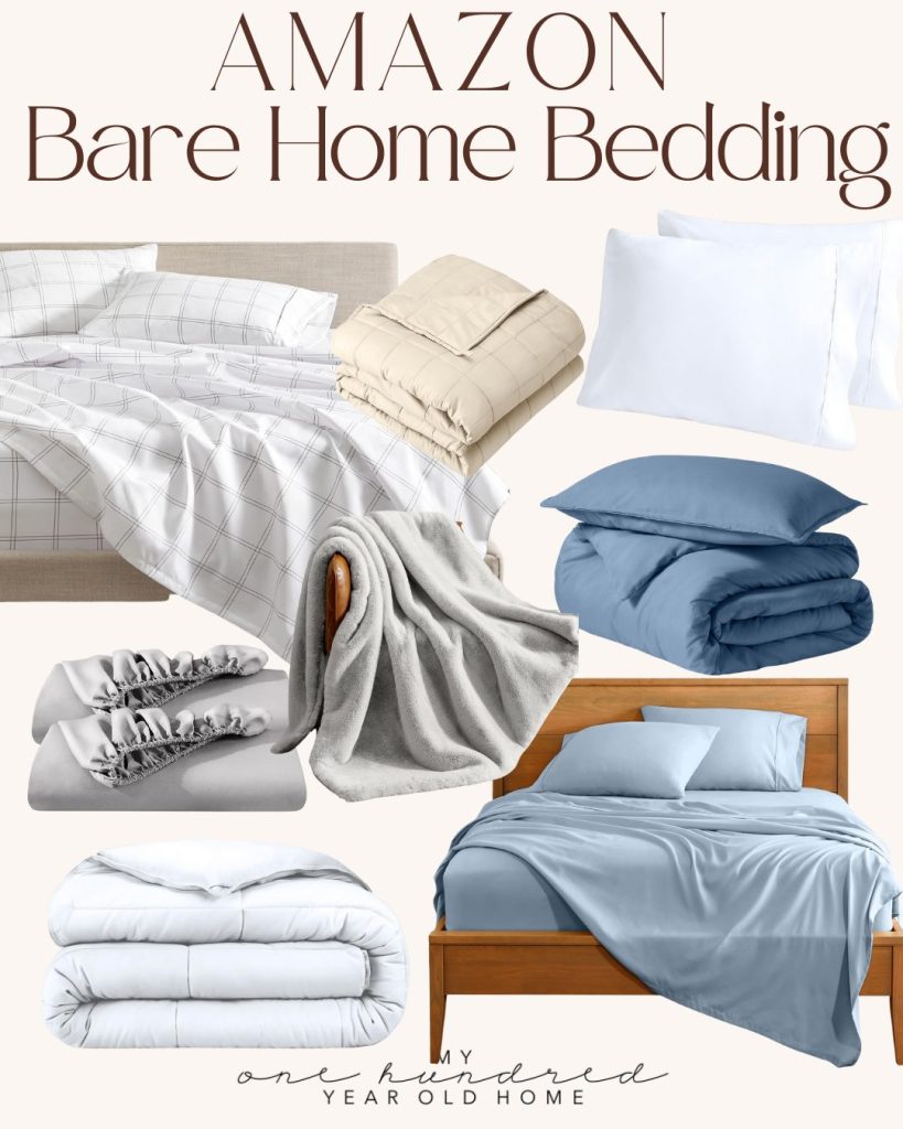 Collage of various bedding items including sheets, comforters, pillowcases, and blankets in neutral and blue tones, labeled "Amazon Bare Home Bedding.