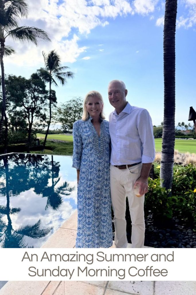 A woman and a man stand by a pool outdoors on a sunny day, with palm trees and a lawn in the background. Text reads: "An Amazing Summer and Sunday Morning Coffee.