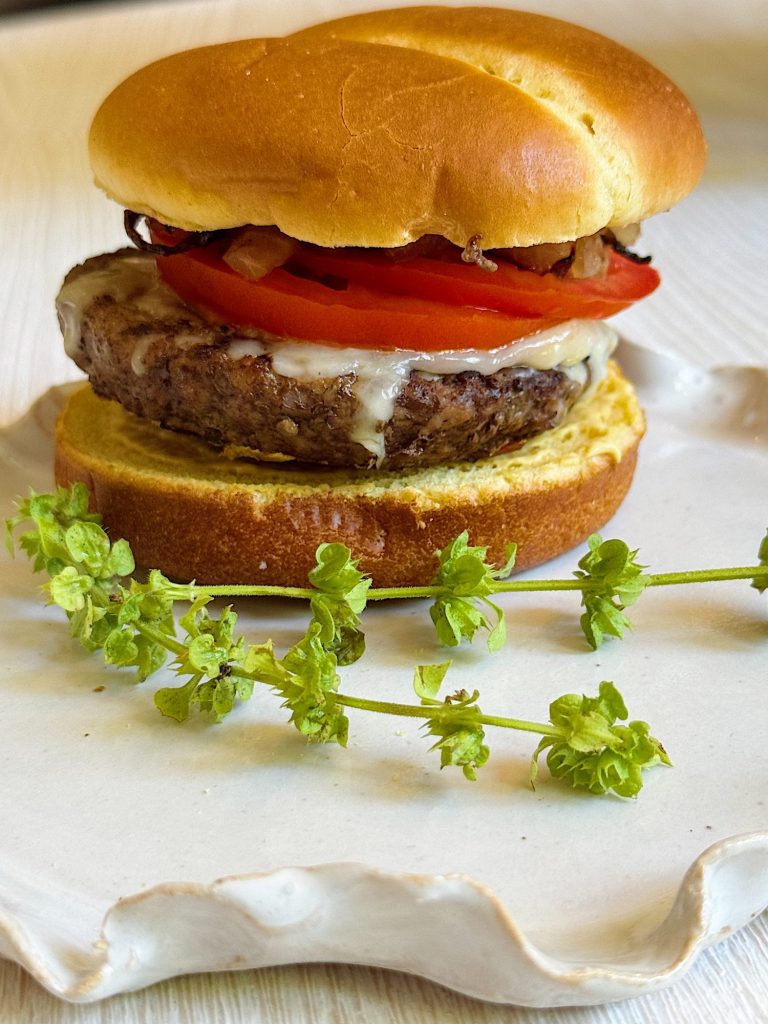 A cheeseburger with tomato slices and onions on a bun sits on a white plate, garnished with fresh herbs.