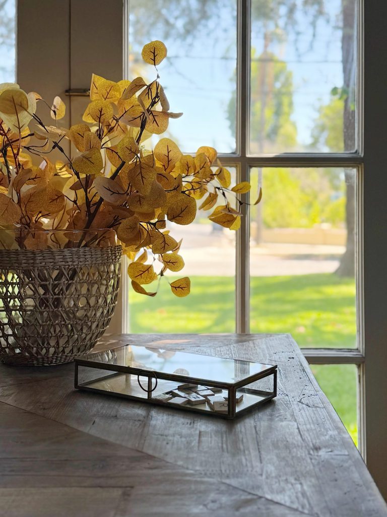 A woven basket of yellow dried leaves and a glass display box sit on a wooden table by a sunlit window overlooking a grassy yard.