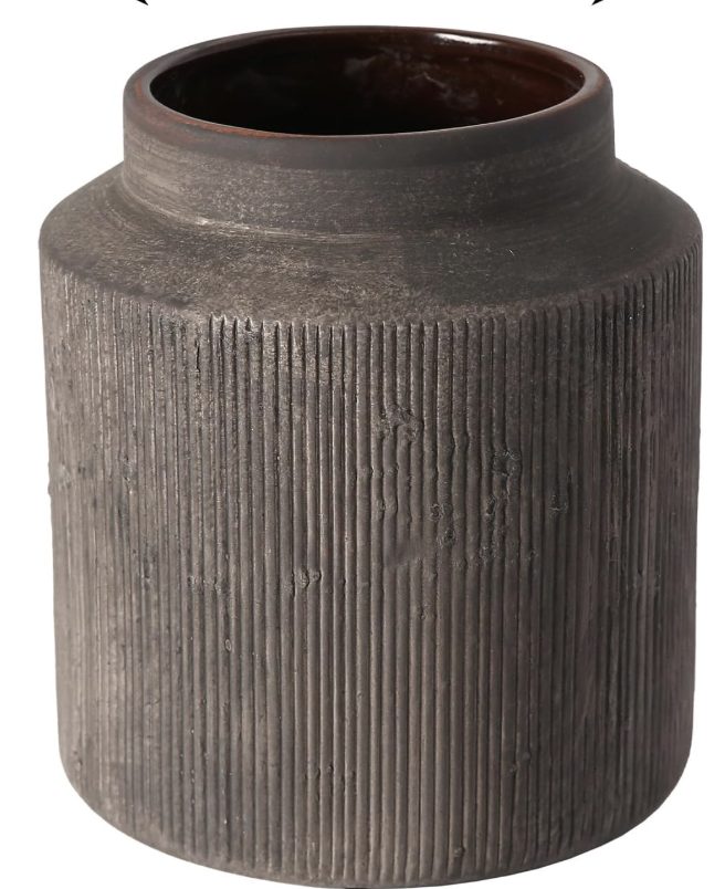 A cylindrical, ribbed, dark brown ceramic vase with a wide mouth and matte finish.
