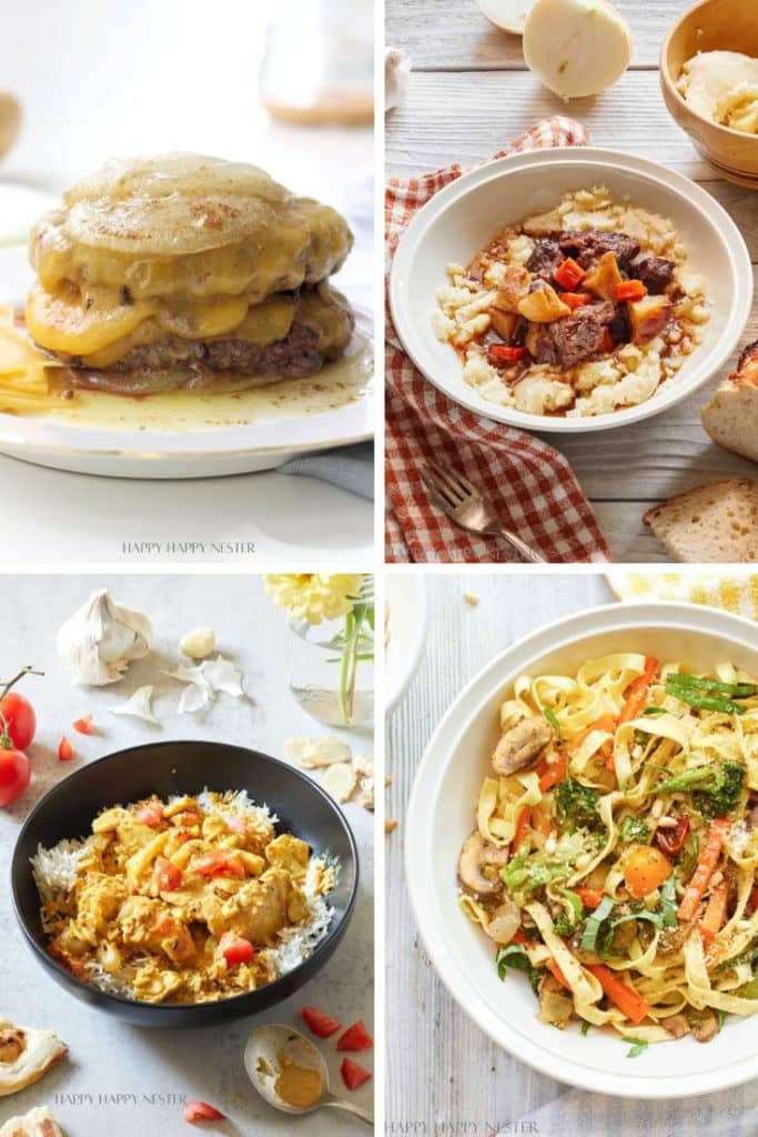 A collage of four dishes: a stack of pancakes with sauce, a bowl of beef stew with vegetables, a bowl of curry over rice, and a plate of pasta with vegetables and chicken.
