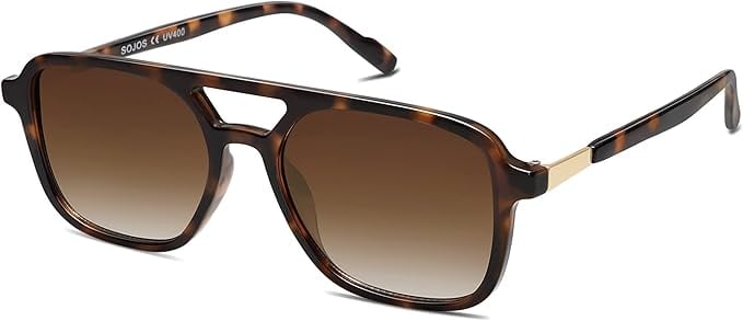 A pair of tortoiseshell rectangular sunglasses with brown gradient lenses and gold accents on the arms, perfect for upgrading your style during Amazon Prime Big Deal Days.