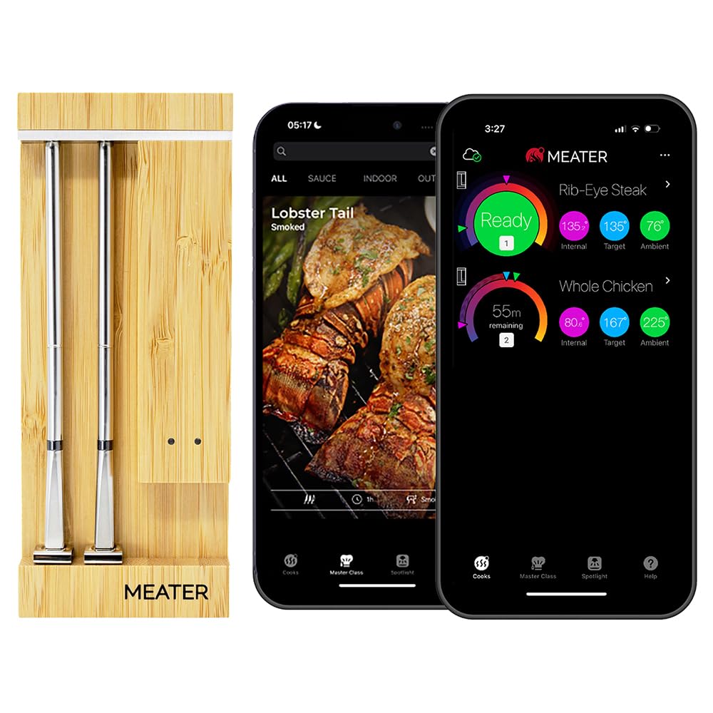 Two MEATER wireless meat thermometers in a wooden case, beside two smartphones showing the MEATER app’s cook progress and temperature readings—perfect for your next grill session or to snag during Amazon Prime Big Deal Days.