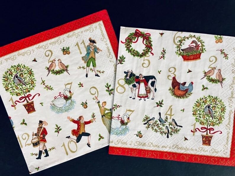 Two decorative napkins display illustrations from "The Twelve Days of Christmas" song, featuring numbered festive scenes with people, animals, and holiday wreaths.
