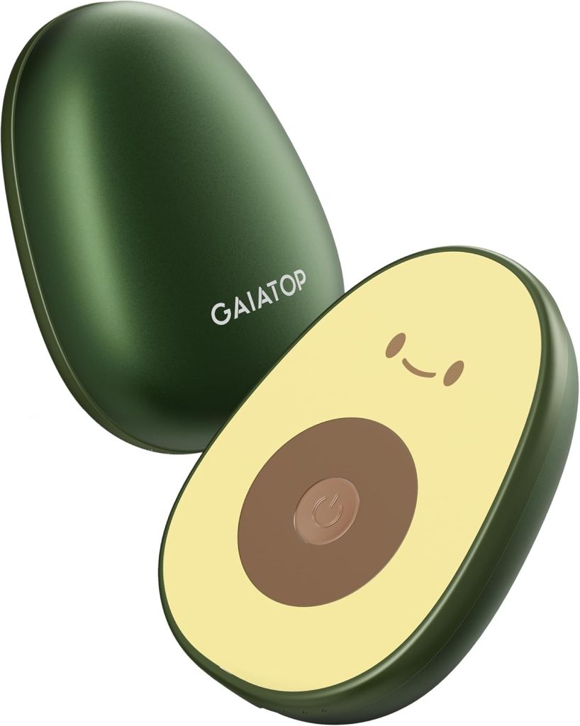 Two handheld devices shaped like avocado halves—one with "GAIATOP" branding and the other featuring a cute face and power button in the seed area—make a charming duo. Don’t miss them during Amazon Prime Big Deal Days!.