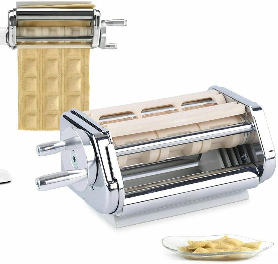 A metal ravioli pasta maker with dough inside, showing the machine in use and finished ravioli pieces on a small glass plate—perfect for crafting your favorite Fall Pasta Recipes.