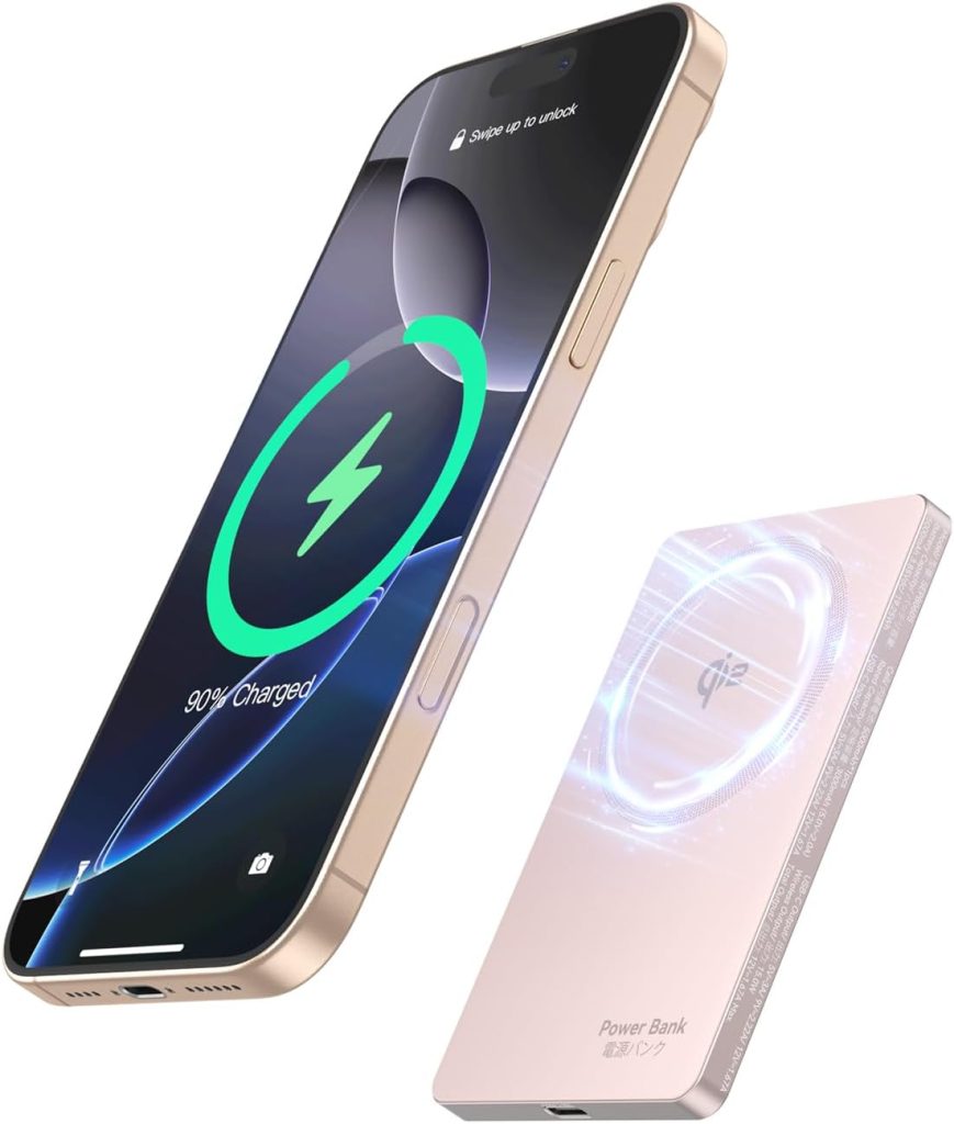 A smartphone displays 90% battery charged and hovers above a Porto wireless power bank, indicating wireless charging in progress.