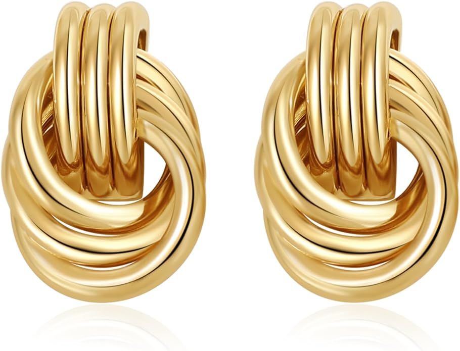 A pair of gold-toned knot stud earrings with multiple interlocking loops, displayed on a white background—an elegant accessory perfect to snag during Amazon Prime Big Deal Days.