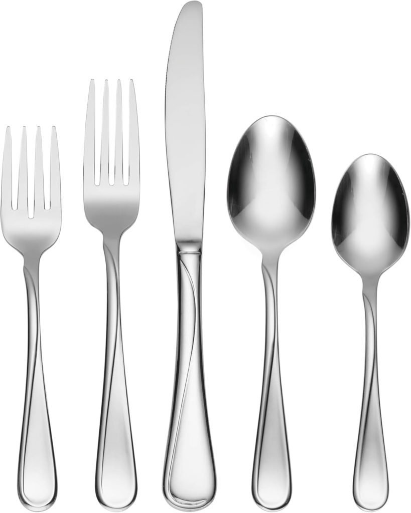 A set of five stainless steel utensils arranged side by side: two forks, one knife, one tablespoon, and one teaspoon—perfect for upgrading your tableware during Amazon Prime Big Deal Days.