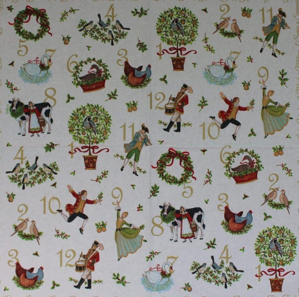 A patterned design featuring the twelve days of Christmas with numbers, wreaths, birds, musicians, dancers, cows, and various festive elements.