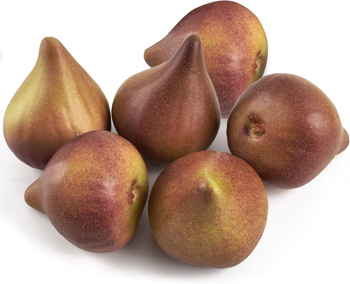 Six brownish-purple figs with greenish hues are arranged on a white background.