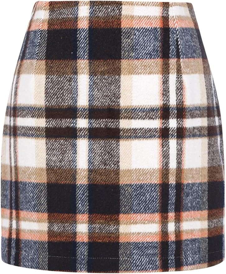 A high-waisted, A-line mini skirt with a brown, tan, black, and white plaid pattern—perfect to snag during Amazon Prime Big Deal Days.