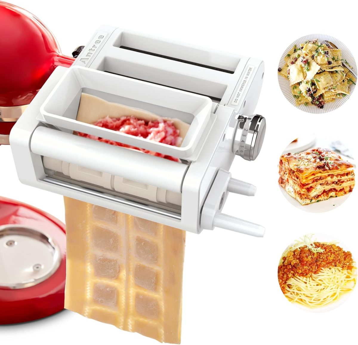 A pasta maker attachment rolled by a red stand mixer is producing sheets of filled pasta dough, with images of Fall Pasta Recipes and various pasta dishes displayed beside it.
