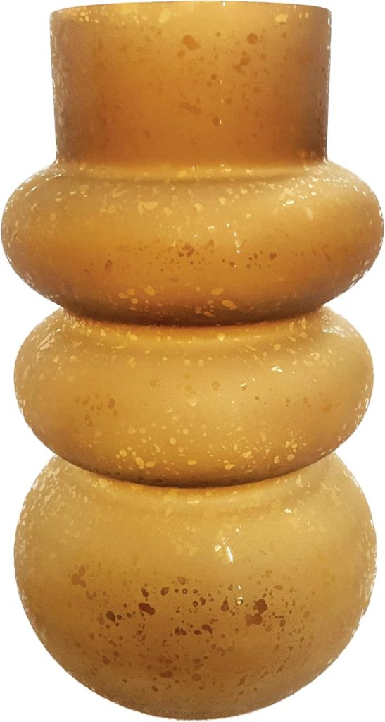 A rounded, three-tiered ceramic vase with a matte, speckled gold finish.