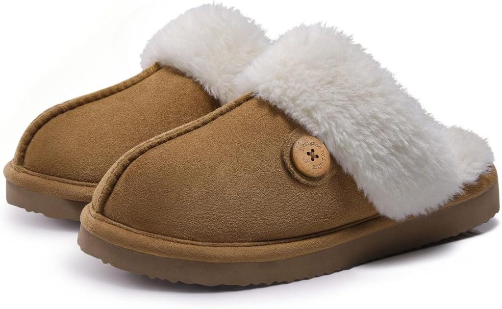 A pair of brown suede slippers with white faux fur lining and a button detail on the side, perfect for cozy comfort during Amazon Prime Big Deal Days, shown on a plain background.