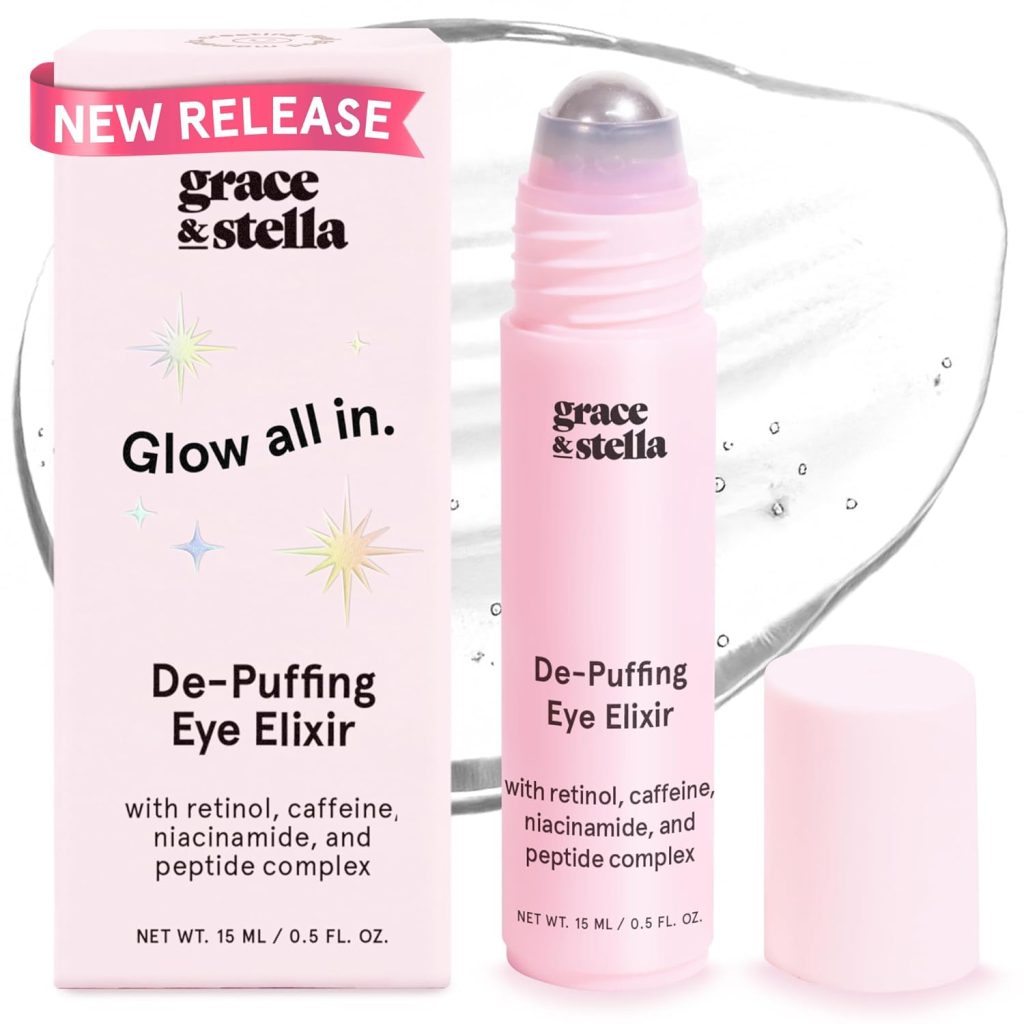 A pink tube of grace & stella De-Puffing Eye Elixir with a roller applicator is shown next to its packaging and an open cap, highlighting ingredients and an Amazon Prime Big Deal Days "New Release" banner.