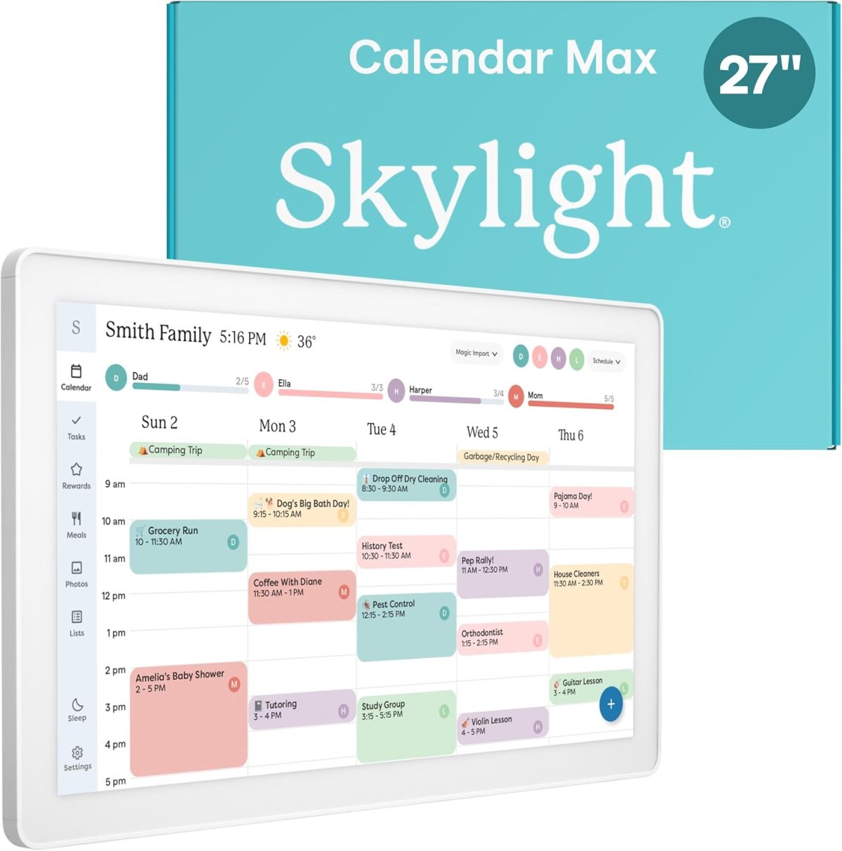 A 27-inch Skylight Calendar Max digital display shows a family calendar with color-coded events and schedules. The packaging and device screen are both visible—perfect for organizing busy Amazon Prime Big Deal Days.