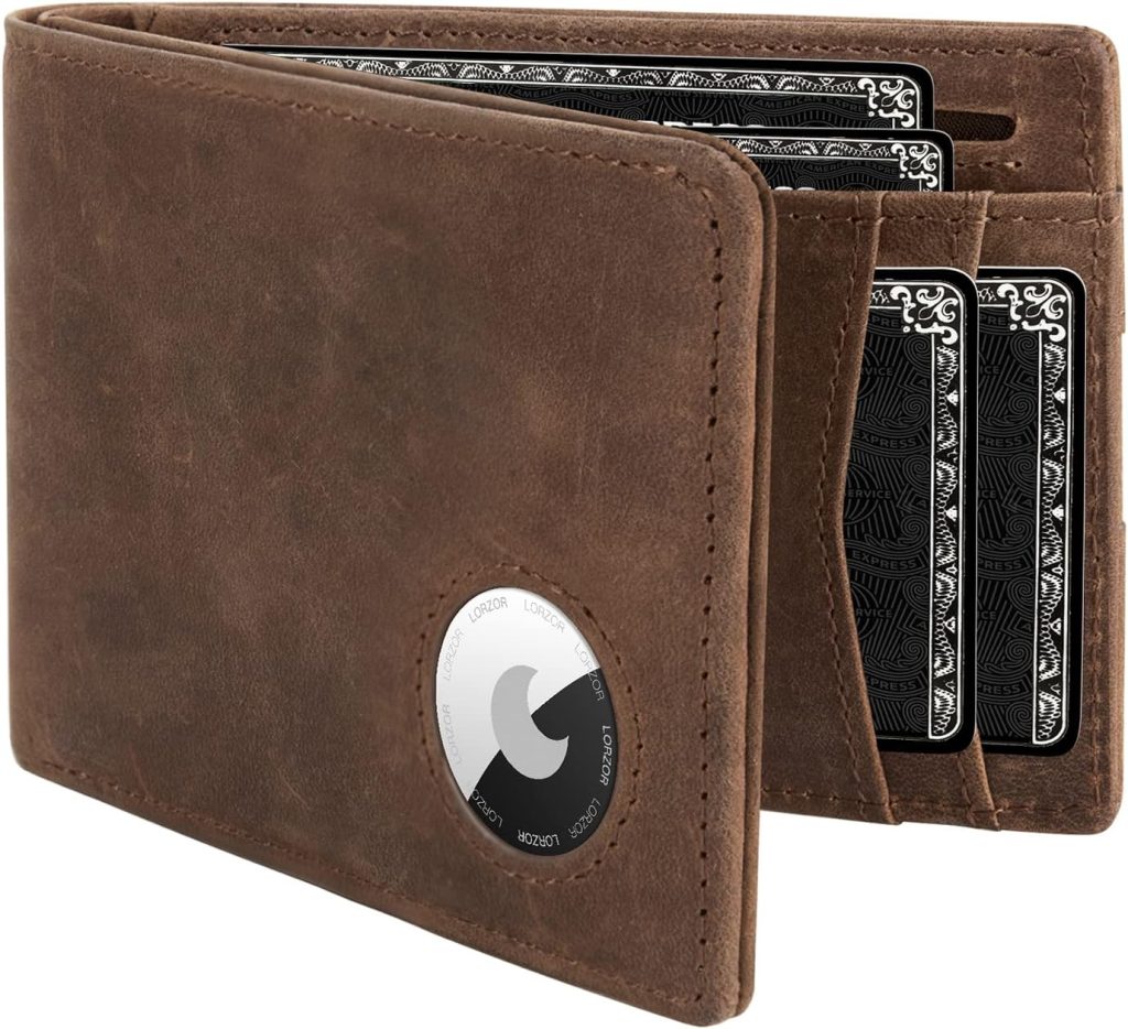 A brown leather wallet with an embedded circular tracking device, shown holding several black cards with decorative patterns—perfect for Amazon Prime Big Deal Days shoppers seeking both style and smart security.