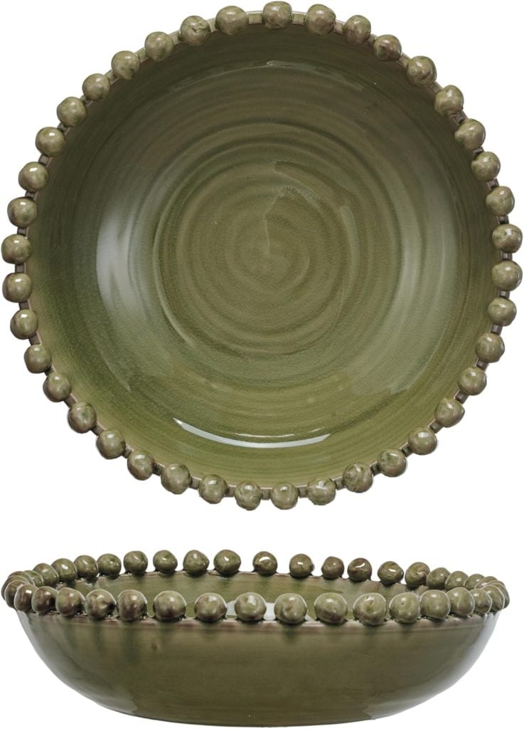 Two olive green ceramic bowls with a beaded rim design, shown from a top and side angle.