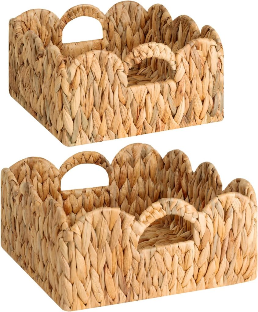 Two rectangular woven wicker baskets with scalloped edges and built-in handles, stacked one above the other.