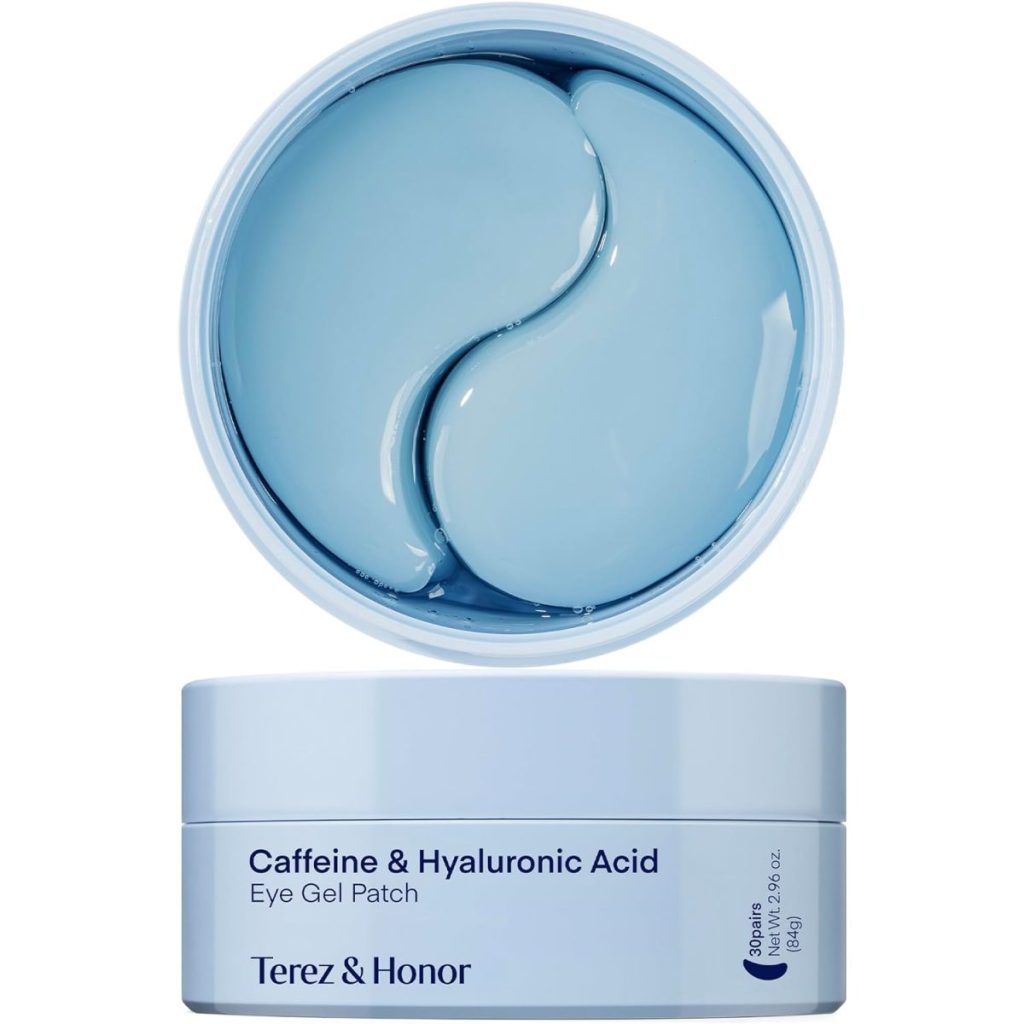A white container labeled "Caffeine & Hyaluronic Acid Eye Gel Patch" with blue gel patches inside from Terez & Honor, perfect for grabbing during Amazon Prime Big Deal Days.