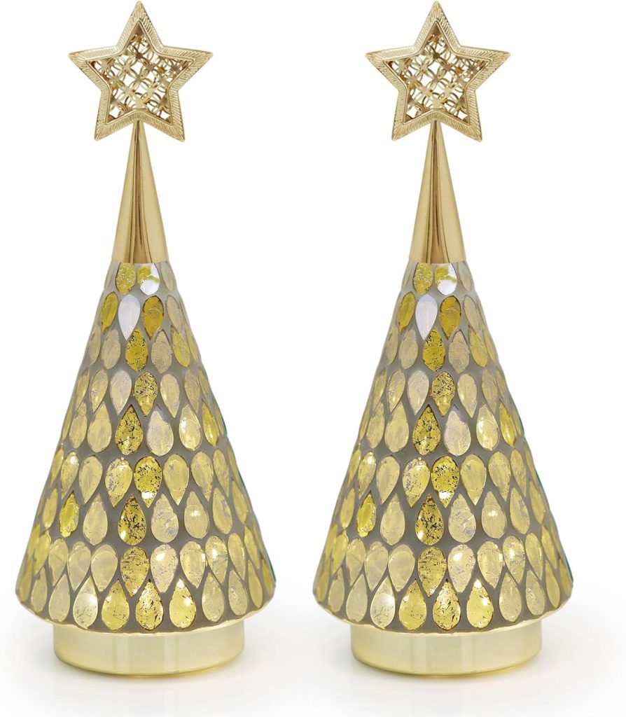 Two decorative golden cone-shaped objects with teardrop patterns and star toppers, resembling stylized Christmas trees, placed side by side on a white background—perfect for holiday decor during Amazon Prime Big Deal Days.