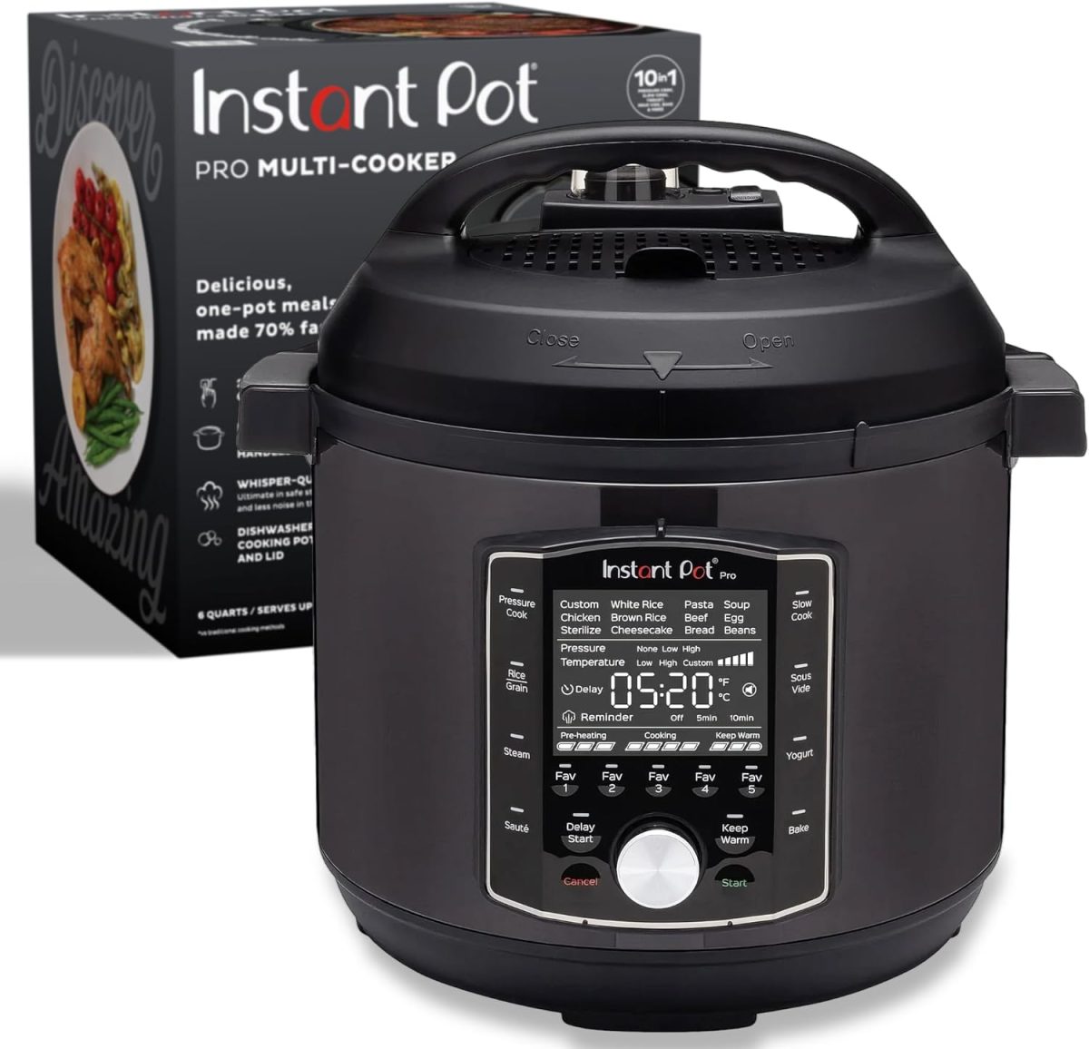 A black Instant Pot Pro multi-cooker is shown in front of its packaging box, displaying its digital control panel and cooking options—perfect for scoring savings on Amazon Prime Big Deal Days.
